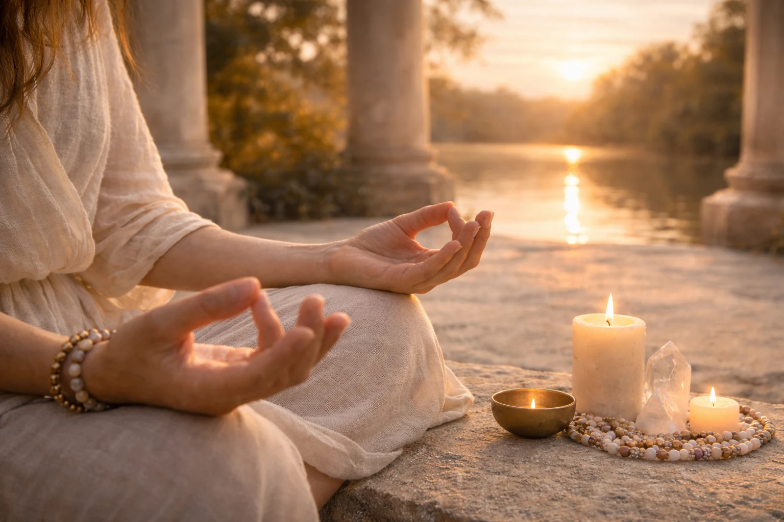 Frau in meditativer Haltung, ist geerdet bei sich