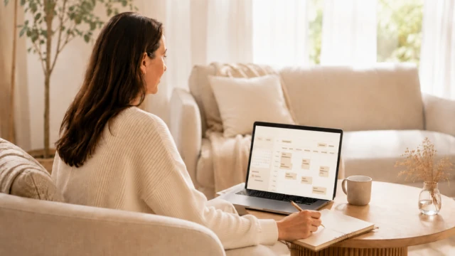 Frau sitzt vor Kalender am Laptop und bucht Termin bei Kerstin Ackermann