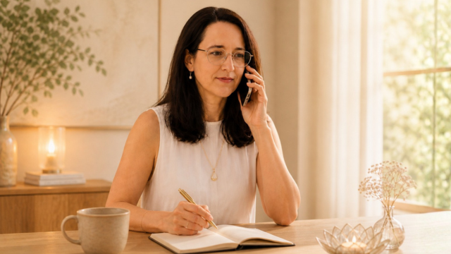 Kerstin Ackermann mit dem Telefon für ein kurzes Vorgespräch