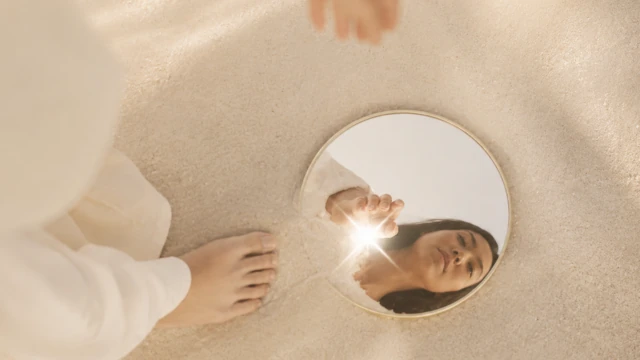 Frau sieht ihr Licht im Spiegelbild, Erwecke dein inneres Licht , Be Your InnerLight Kerstin Ackermann