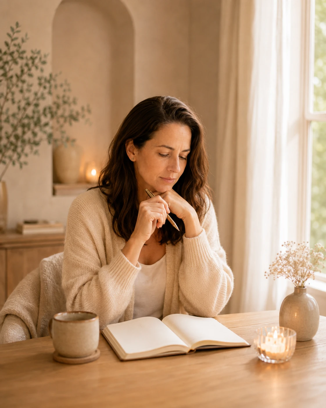 Eine Frau sitzt vor einem Buch, sie hängt an ihren Blockaden, InnerLight Reading