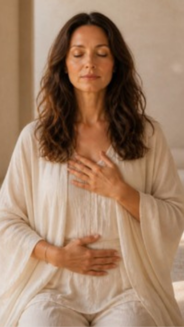 Frau die mit ihre Hand ihre Mitte berührt InnerBalance, Kerstin Ackermann, InnerBalance, Stabilisierung